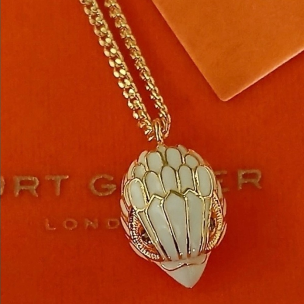 Kurt Geiger NWT White Enamel Gold Raven Eagle Head Necklace with Dust Bag - Picture 2 of 4